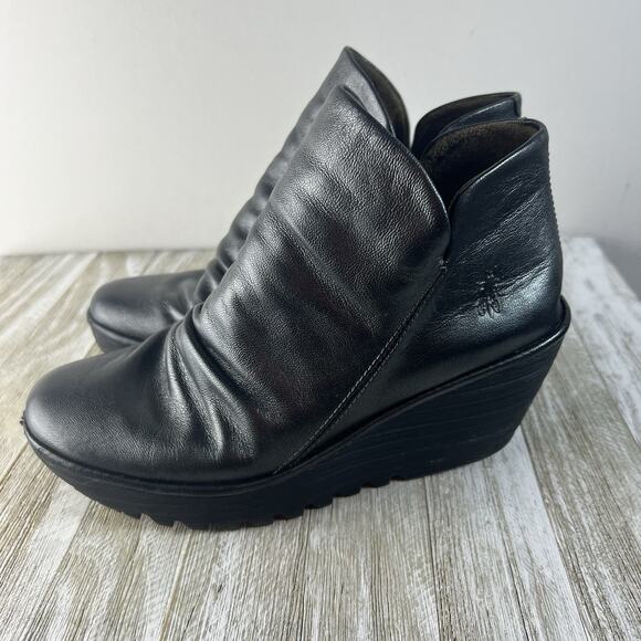 Fly London Womens Yoxy Zipper Wedge Ankle Boots EU 38 US 7.5 Graphite Leather - Picture 1 of 13